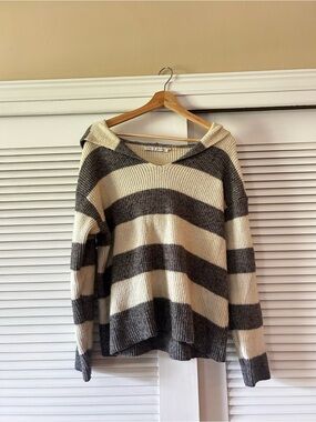 English Factory Striped Hooded Sweater - Cream & Charcoal